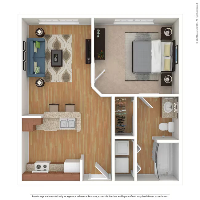 1 Bed 1 Bath 552 SqFt (522 Net) 3332 floor plan